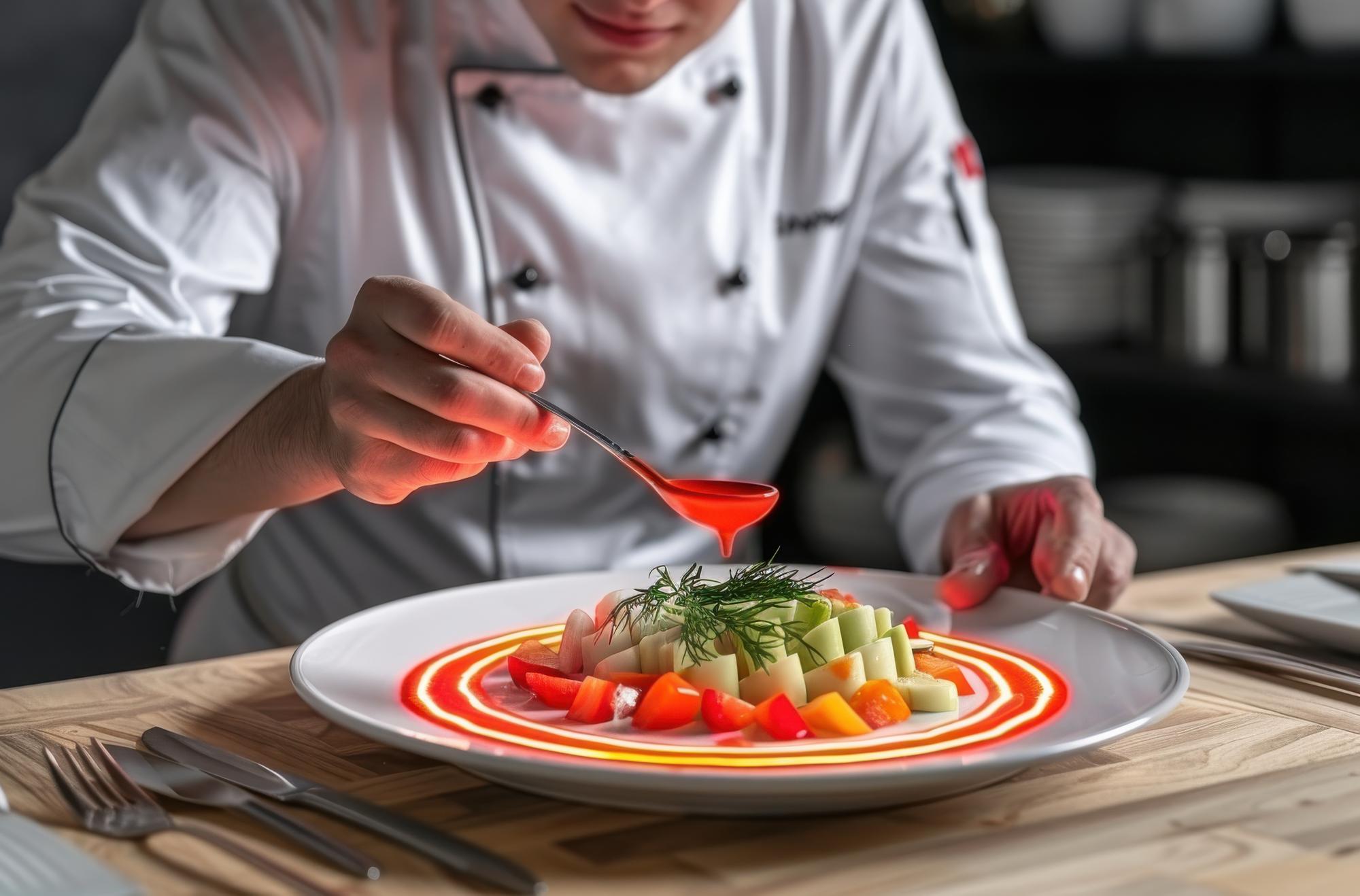 Instructor preparing a plated dish in a calm kitchen